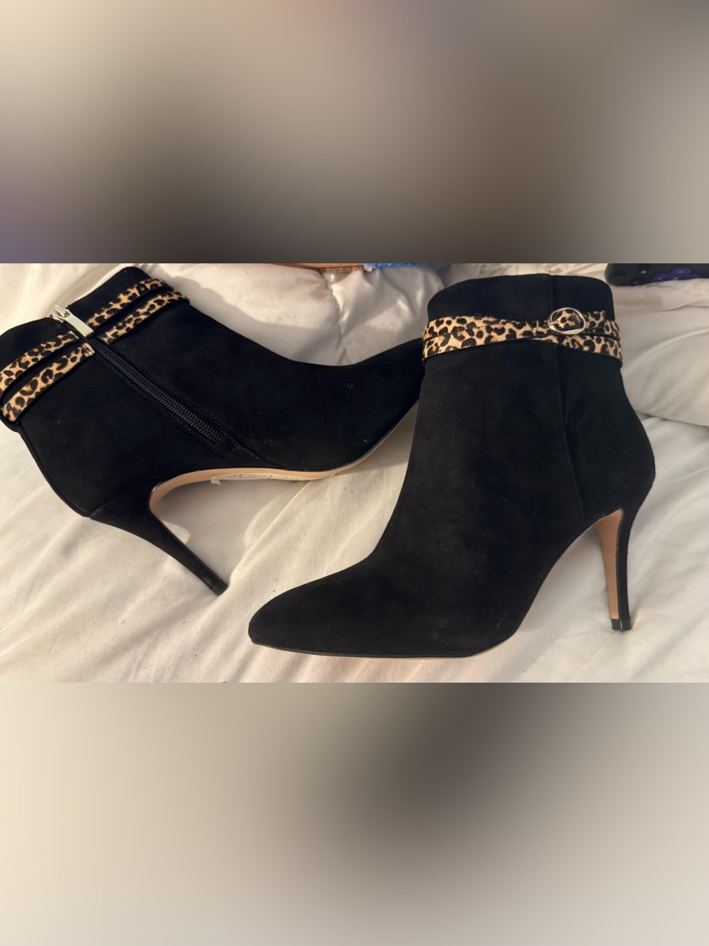 Essex Lane Black Suede Pointed Ankle Boots with Leopard Trim